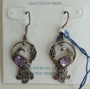 NWT 925 Sterling Silver Peacock Earrings with Amethyst Gem
